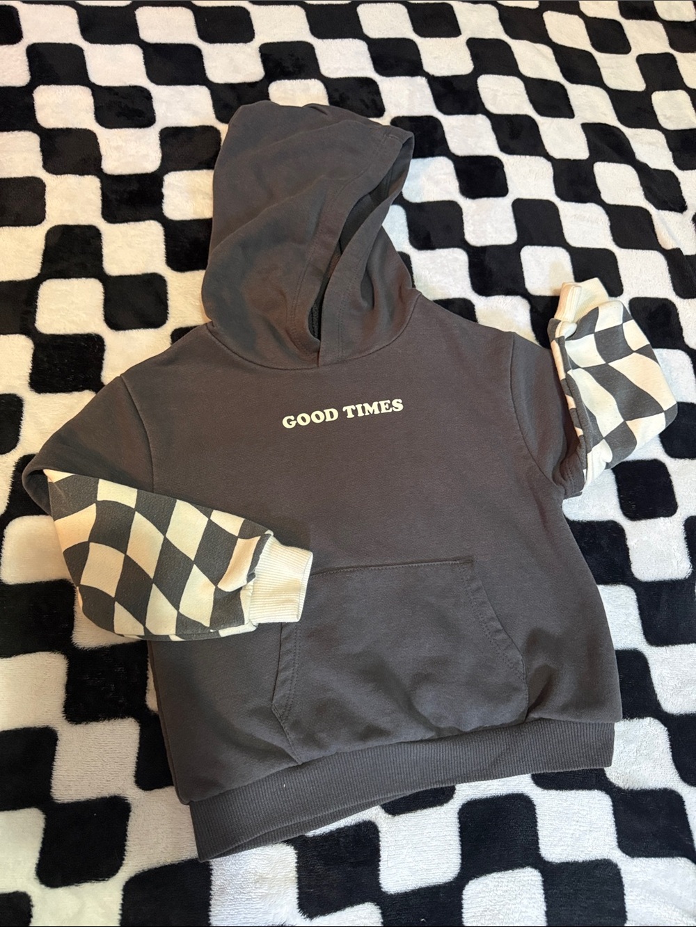 Good Times Kids Hoodie with Checker Sleeve Detail - Gray